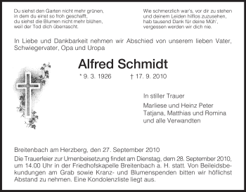 Traueranzeige von Alfred Schmidt von HERSFELDER ZEITUNG