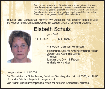 Traueranzeige von Elsbeth Schulz von HERSFELDER ZEITUNG