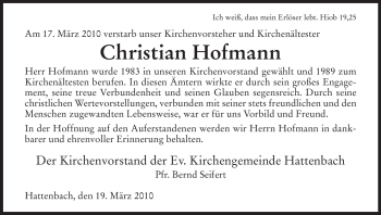 Traueranzeige von Christian Hofmann von HERSFELDER ZEITUNG