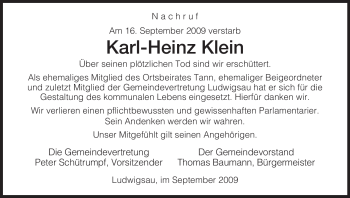 Traueranzeige von Karl-Heinz Klein von HERSFELDER ZEITUNG