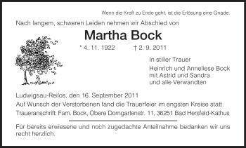 Traueranzeige von Martha Bock von HERSFELDER ZEITUNG