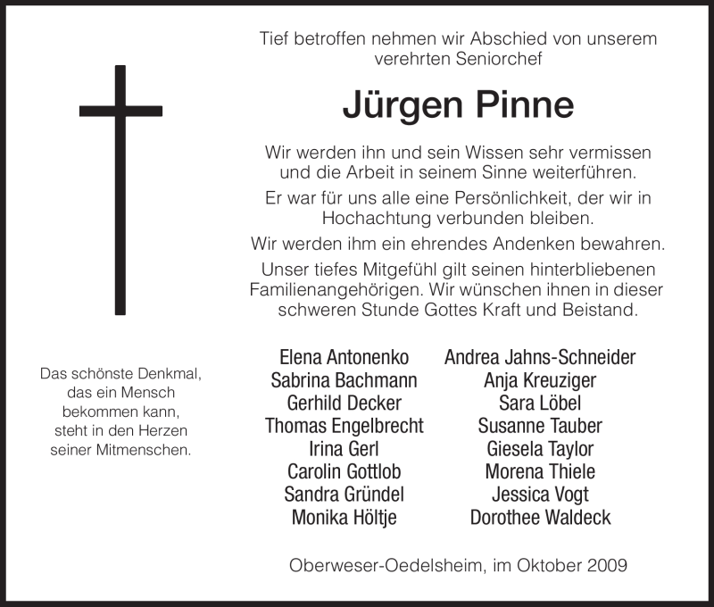  Traueranzeige für Jürgen Pinne vom 15.10.2009 aus HERSFELDER ZEITUNG