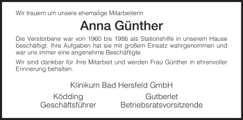 Traueranzeige von Anna Günther von HERSFELDER ZEITUNG