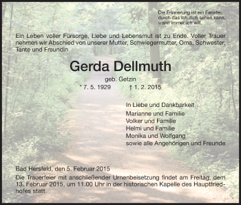 Traueranzeige von Gerda Dellmuth von Hersfeld