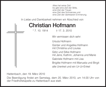 Traueranzeige von Christian Hofmann von HERSFELDER ZEITUNG