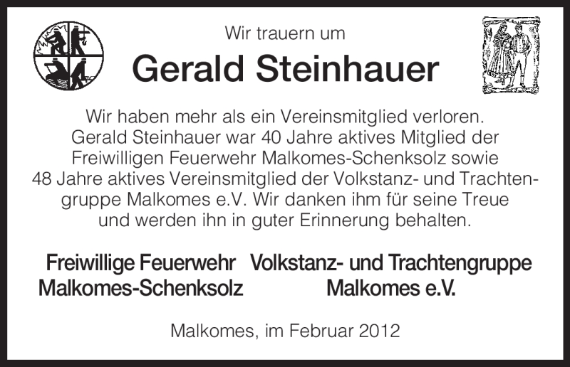  Traueranzeige für Gerald Steinhauer vom 13.02.2012 aus HERSFELDER ZEITUNG