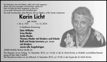 Traueranzeige von Karin Licht von HERSFELDER ZEITUNG