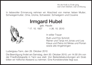 Traueranzeige von Irmgard Hubel von HERSFELDER ZEITUNG