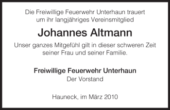 Traueranzeige von Johannes Altmann von HERSFELDER ZEITUNG