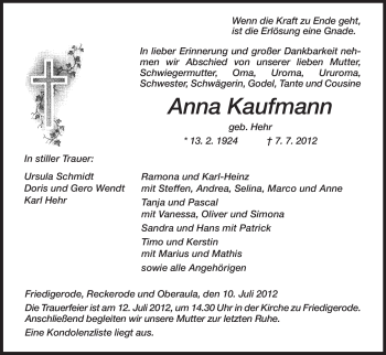 Traueranzeige von Anna Kaufmann von HERSFELDER ZEITUNG