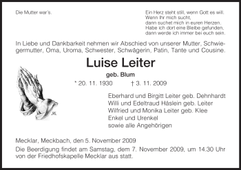 Traueranzeige von Luise Leiter von HERSFELDER ZEITUNG