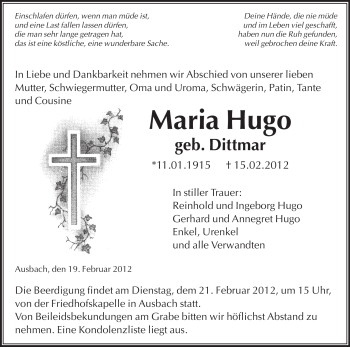 Traueranzeige von Maria Hugo von HERSFELDER ZEITUNG