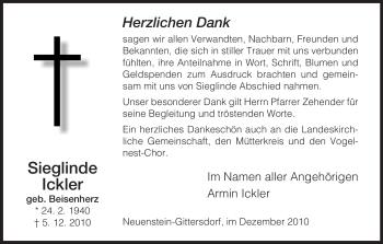 Traueranzeige von Sieglinde Ickler von HERSFELDER ZEITUNG