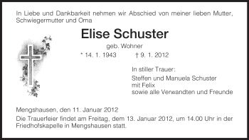 Traueranzeige von Elise Schuster von HERSFELDER ZEITUNG