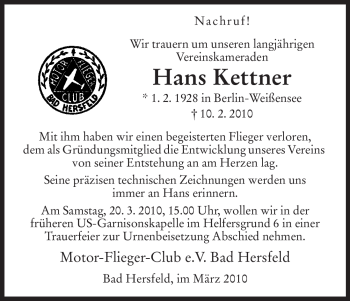 Traueranzeige von Hans Kettner von HERSFELDER ZEITUNG
