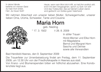 Traueranzeige von Maria Horn von HERSFELDER ZEITUNG