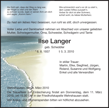 Traueranzeige von Ilse Langer von HERSFELDER ZEITUNG