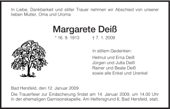 Traueranzeige von Margarete Deiß von HERSFELDER ZEITUNG