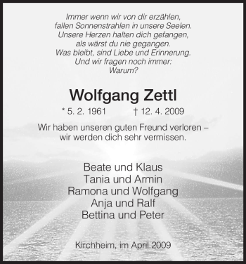 Traueranzeige von Wolfgang Zettl von HERSFELDER ZEITUNG