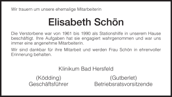 Traueranzeige von Elisabeth Schön von HERSFELDER ZEITUNG