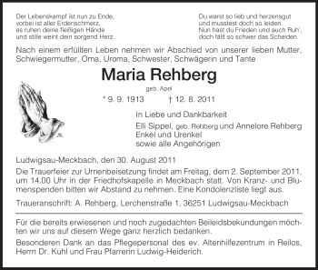 Traueranzeige von Maria Rehberg von HERSFELDER ZEITUNG