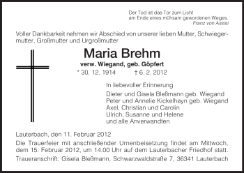 Traueranzeige von Maria Brehm von HERSFELDER ZEITUNG