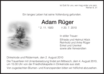 Traueranzeige von Adam Rüger von HERSFELDER ZEITUNG