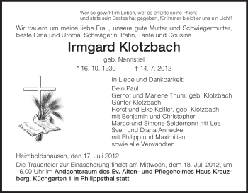 Traueranzeige von Irmgard Klotzbach von HERSFELDER ZEITUNG