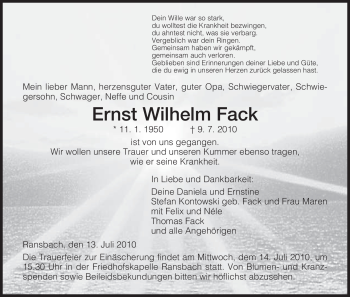 Traueranzeige von Ernst Wilhelm Fack von HERSFELDER ZEITUNG