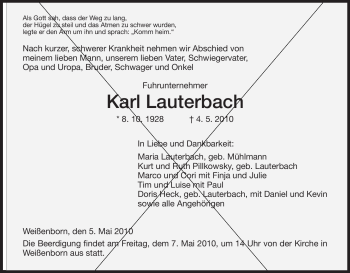 Traueranzeige von Karl Lauterbach von HERSFELDER ZEITUNG