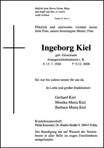 Traueranzeige von Ingeborg Kiel von HERSFELDER ZEITUNG