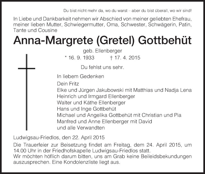  Traueranzeige für Anna-Margrete Gottbehüt vom 22.04.2015 aus Hersfeld