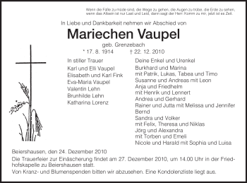 Traueranzeige von Mariechen Vaupel von HERSFELDER ZEITUNG