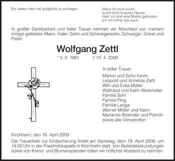 Traueranzeige von Wolfgang Zettl von HERSFELDER ZEITUNG