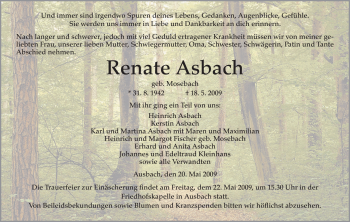 Traueranzeige von Renate Asbach von HERSFELDER ZEITUNG
