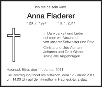 Traueranzeige von Anna Fladerer von HERSFELDER ZEITUNG