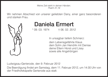 Traueranzeige von Daniela Ermert von HERSFELDER ZEITUNG