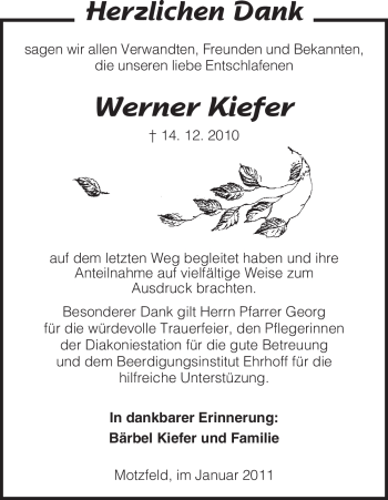 Traueranzeige von Werner Kiefer von HERSFELDER ZEITUNG