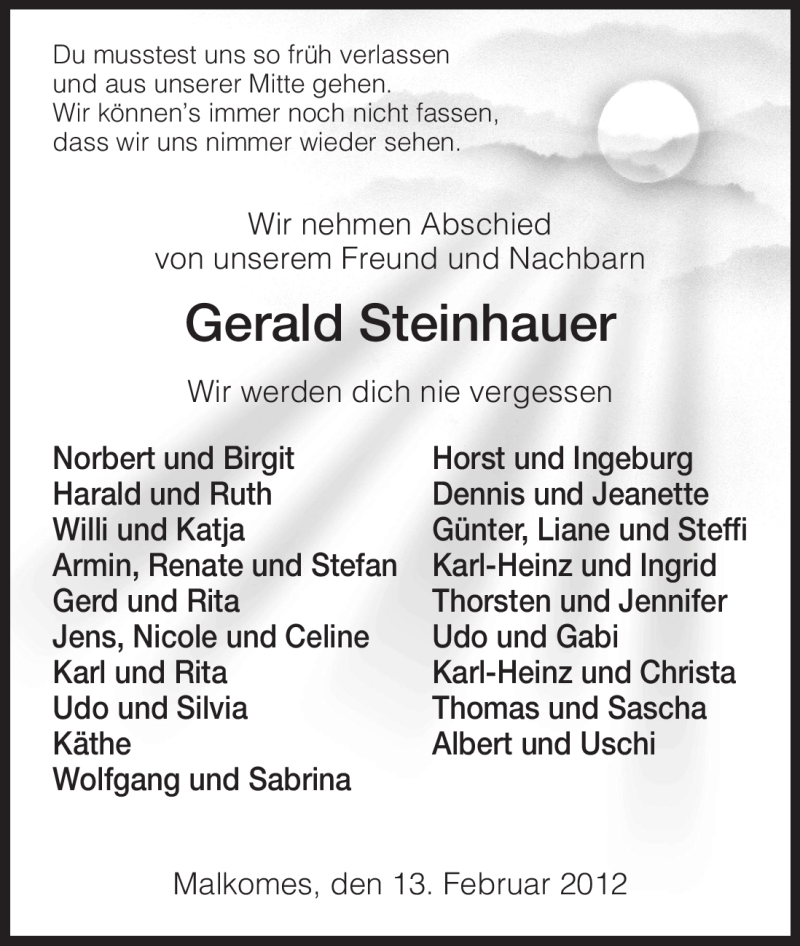  Traueranzeige für Gerald Steinhauer vom 13.02.2012 aus HERSFELDER ZEITUNG