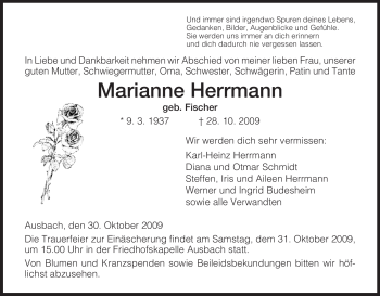 Traueranzeige von Marianne Herrmann von HERSFELDER ZEITUNG