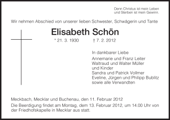 Traueranzeige von Elisabeth Schön von HERSFELDER ZEITUNG