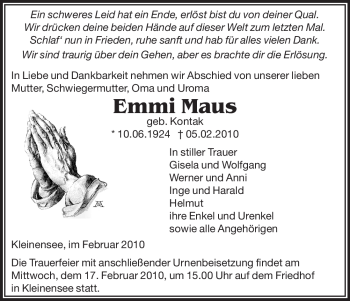 Traueranzeige von Emmi Maus von HERSFELDER ZEITUNG