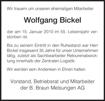 Traueranzeige von Wolfgang Bickel von HERSFELDER ZEITUNG