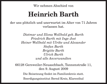 Traueranzeige von Heinrich Barth von HERSFELDER ZEITUNG