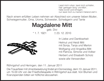 Traueranzeige von Magdalene Mitt von HERSFELDER ZEITUNG