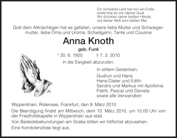 Traueranzeige von Anna Knoth von HERSFELDER ZEITUNG