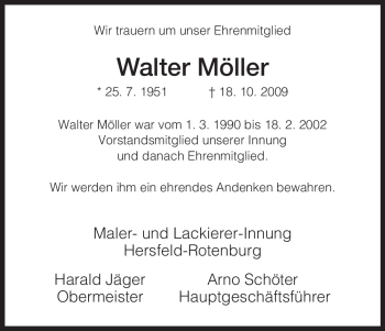 Traueranzeige von Walter Möller von HERSFELDER ZEITUNG