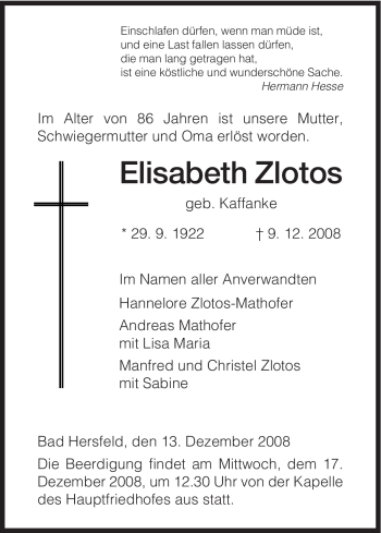 Traueranzeige von Elisabeth Zlotos von HERSFELDER ZEITUNG