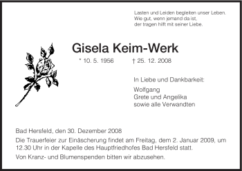 Traueranzeige von Gisela Keim-Werk von HERSFELDER ZEITUNG