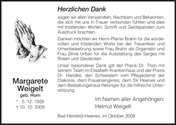 Traueranzeige von Margarete Weigelt von HERSFELDER ZEITUNG